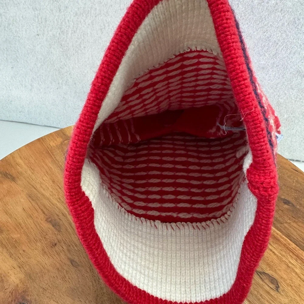 VTG CB Red 100% Wool Knit Hat Snowflake Heart Nordic Winter Toque Beanie